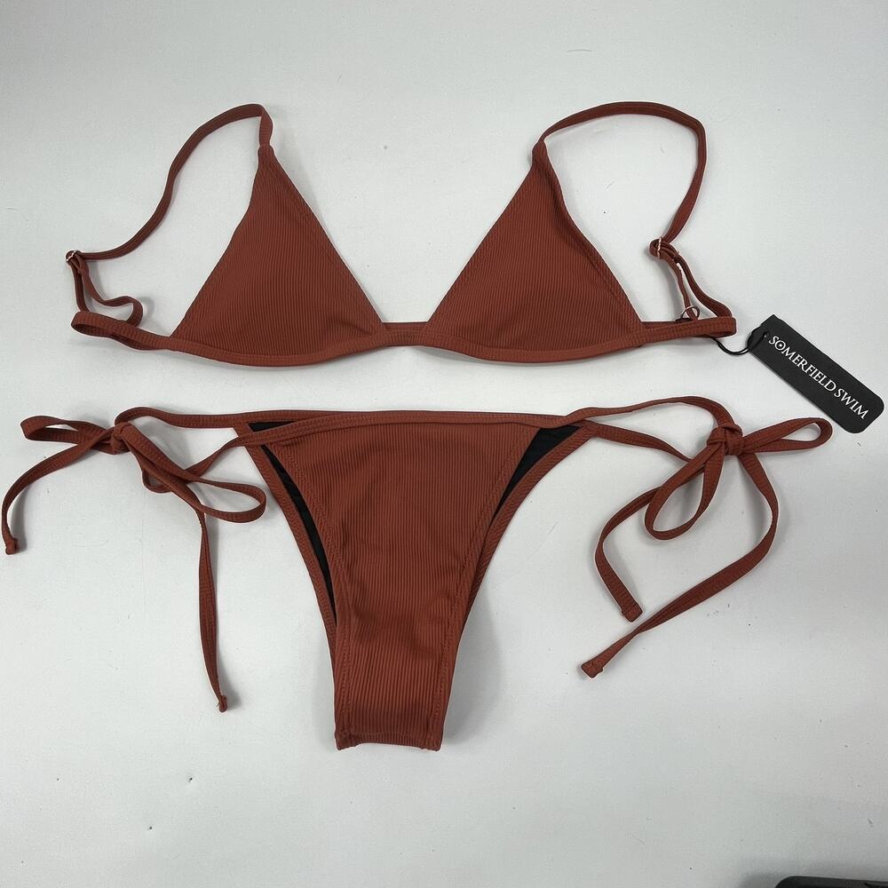 Somerfield Swim Womens Modern Tie Bikini Set SM Top MED Bottom Rust Ribbed NWT